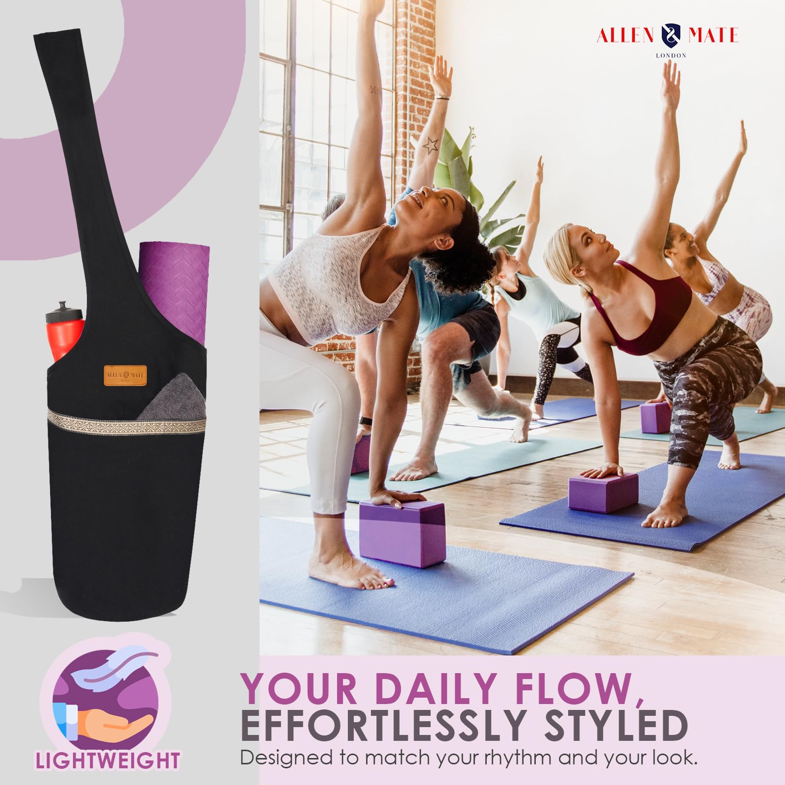 ALLEN & MATE Bolsa grande para esterilla de yoga con bolsillo lateral y bolsillo con cremallera, se adapta a la mayoría de alfombrillas de tamaño