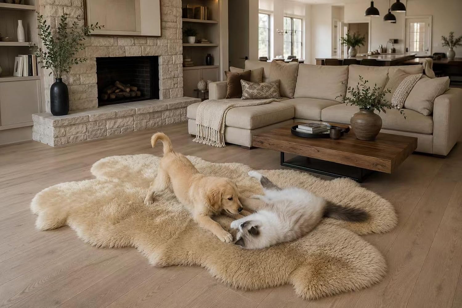 Sheepskin Rug, Fluffy Shaggy Area Rug, Super Soft 48‘’ x 72‘’ Sheepskin Hair Rug, Plush Rug, Decorative Rugs for Bedroom, Children's Room, Living Room (Khaki Camel, 48‘’×72”)