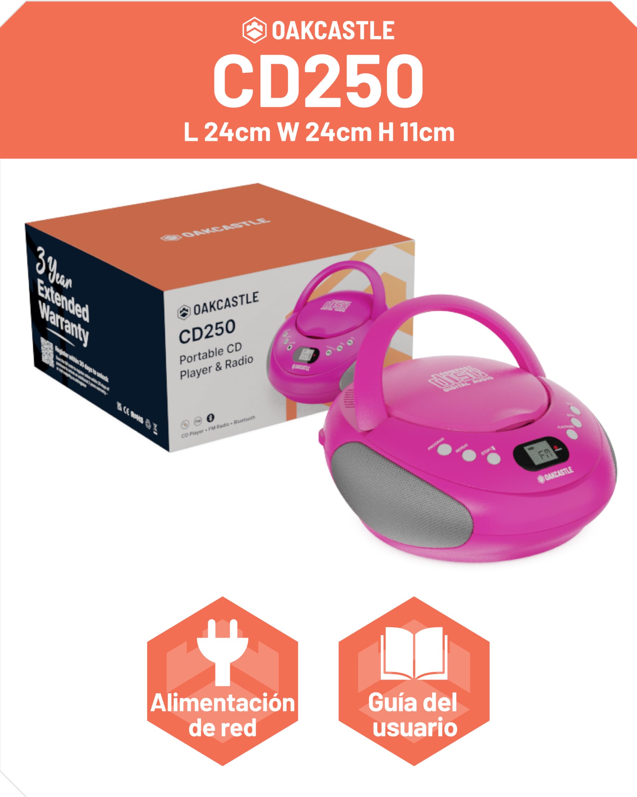 OAKCASTLE CD250 Boombox portátil con Bluetooth, Controles Sencillos, Reproductor de CD para niños, Reproductor de CD portátil con Radio FM, 30 ajustes de Radio, indicador LED (Rosa)