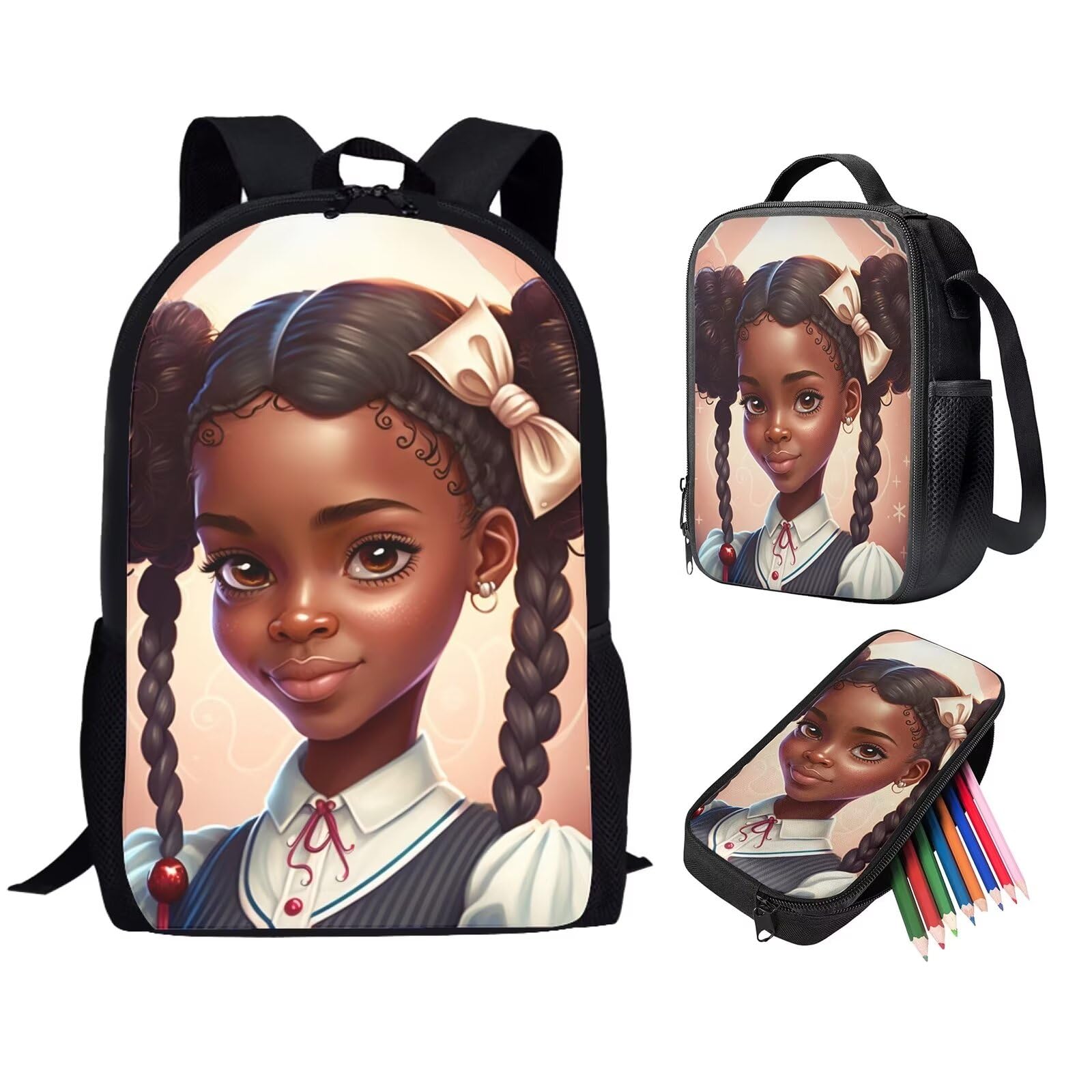 Zanxiantu Black African Girls School Backpack with Lunch Box Kids Girls Bookbag Age 6-8/8-10/10-12, Elementary Primary School Bag Lunchbag Pencil Case