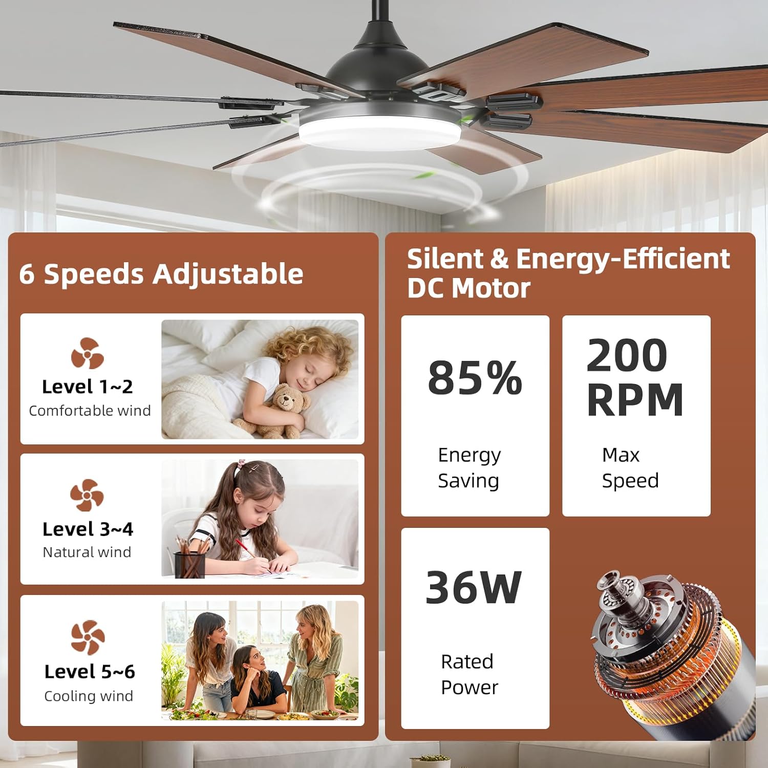 52" Ceiling Fans with Lights and Remote,Modern Ceiling Fan with 8 Dual Finish Blades,Quiet Reversible Motor， Farmhouse Ceiling Fan with RGB Lights for Bedroom,Living Room,Patios， Brown
