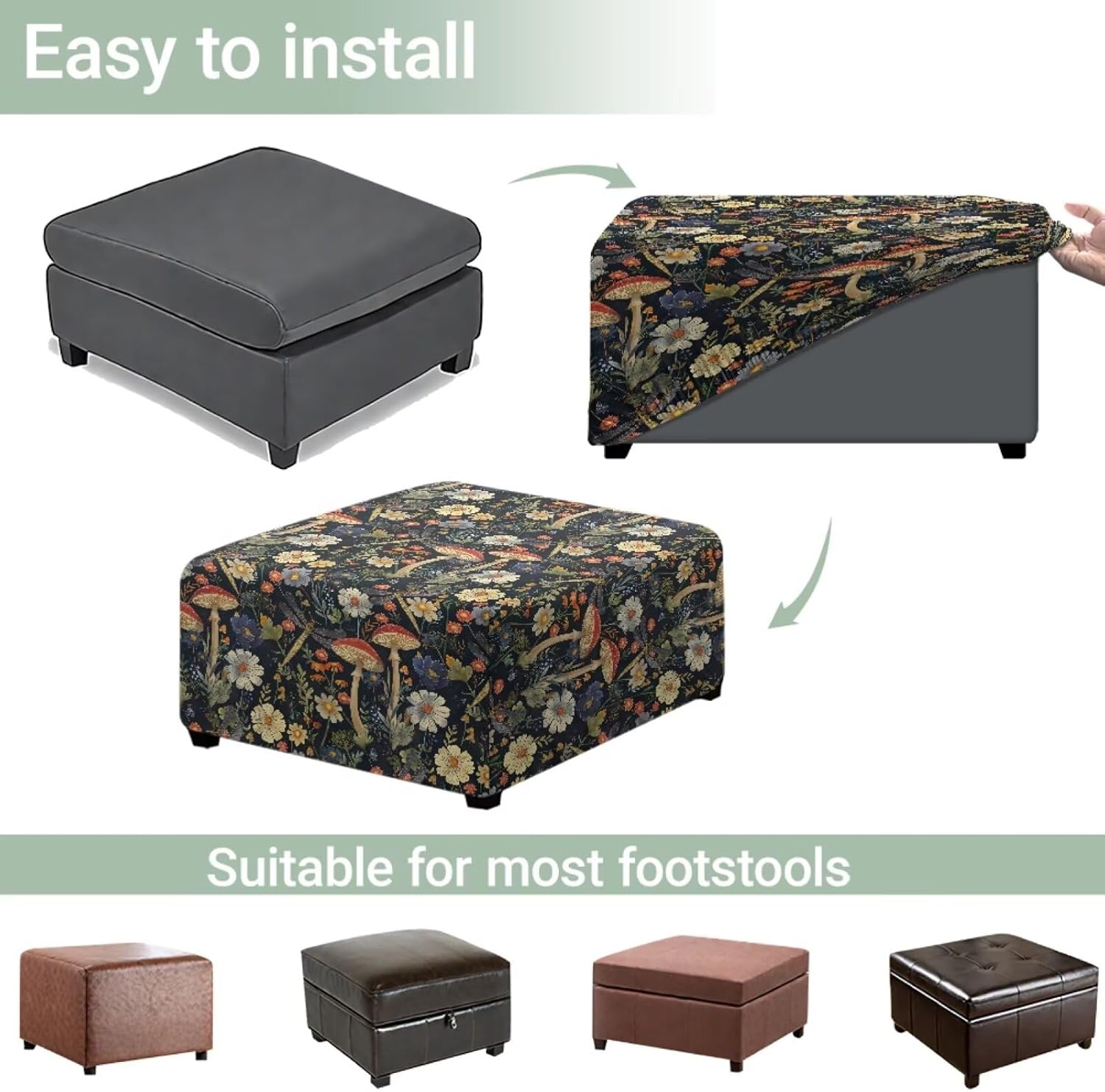 Mushroom Dragonfly Daisy Print Ottoman Slipcover Stretch Square Footstool Slipcover Universal Folding Storage Ottoman Covers for Living Room with Elastic Bottom, S
