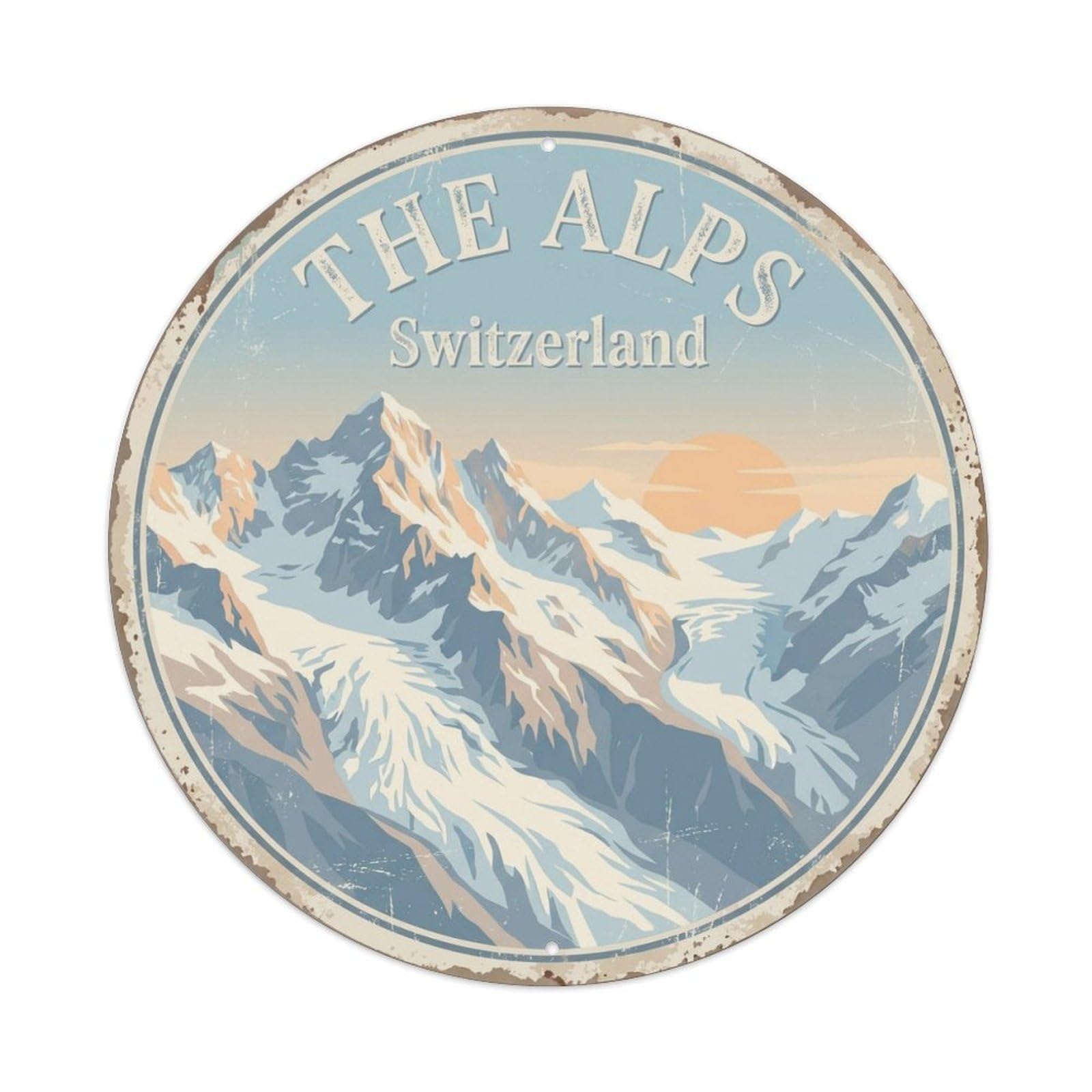 Vintage Travel Alps Switzerland Mountain Metal Tin Sign Plaque Wall Decor for Cafe, Club, Garden Round Metal Poster 8x8Inch