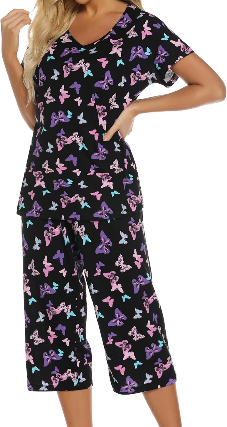 ENJOYNIGHT Womens Pajama Sets Cotton Summer Pjs Tops with Capri Pants Sleepwear - Image 5
