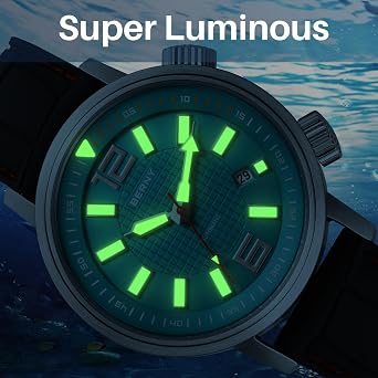BERNY Diving Watch for Men Automatic Mechanical Wrist Watch Fluoroelastomer Strap 20ATM Waterproof Sapphire Lens Super Luminous