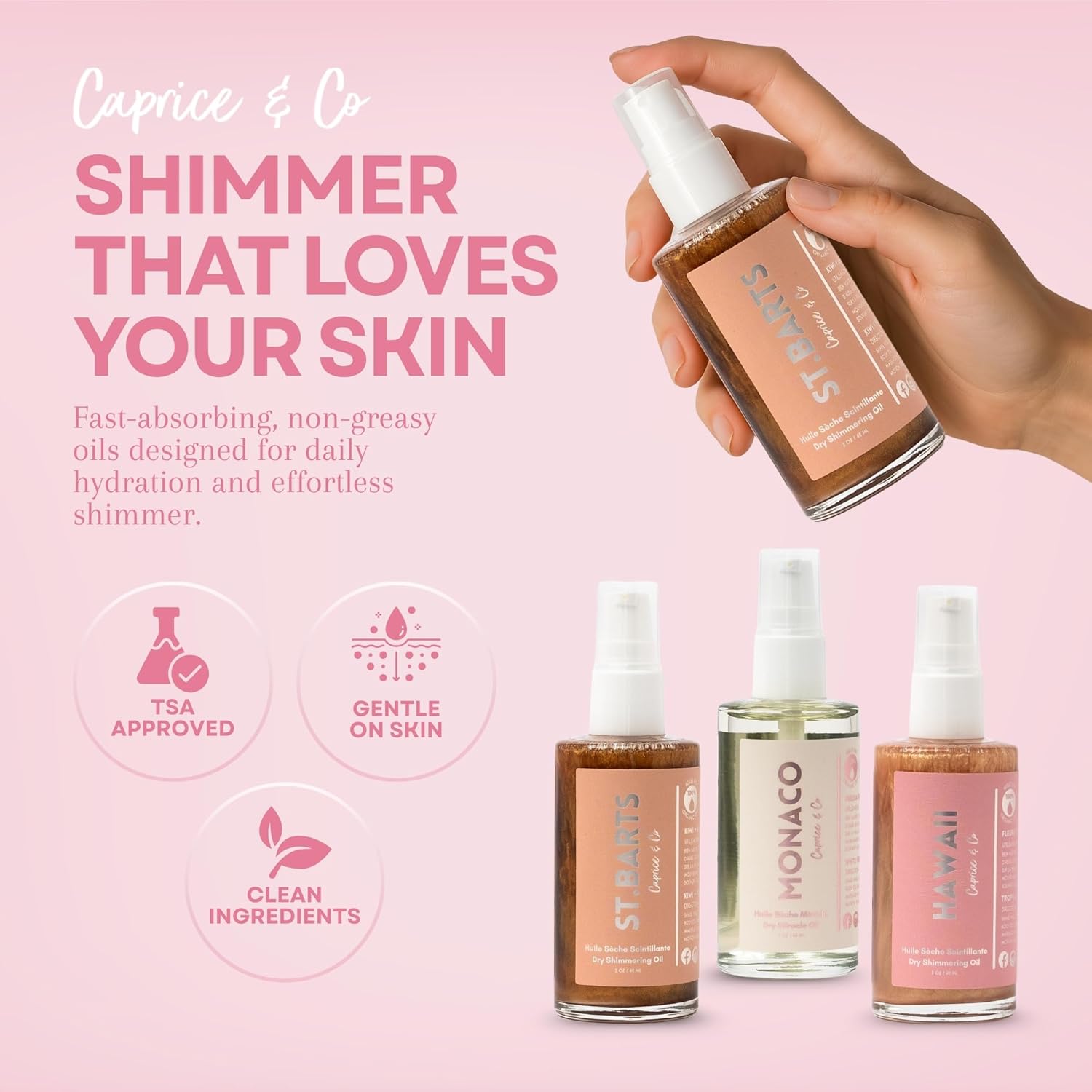 Caprice & Co Miracle Body Oils Trio – 2 oz of Monaco, Hawaii, St. Barts Travel Size Scented Dry Body Oil – Organic, Moisturizing, Handcrafted Glow Oils – Vacation Shimmer Oil & Body Care for Women