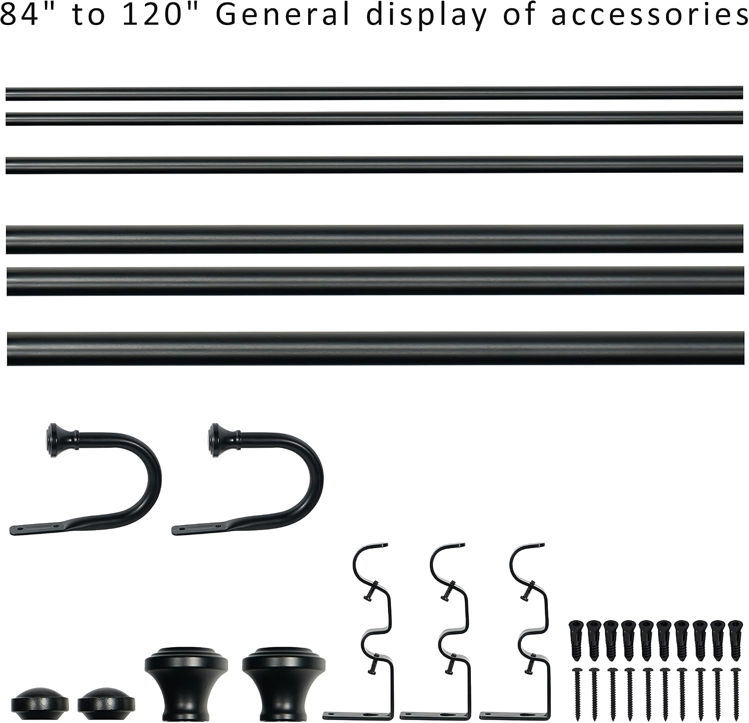 1" Double Curtain Rod with Trumpet Finials (Black（+holdbacks）, 84''-120'')