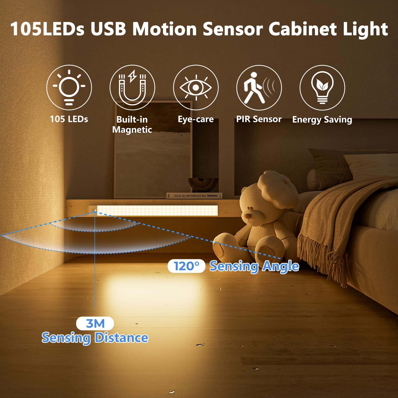 Lámpara LED para armario de cocina, 60 cm, 2 unidades, blanco cálido con detector de movimiento, batería interior, luz de armario, barra de luz USB con sensor para armario, armario, maletero, RV