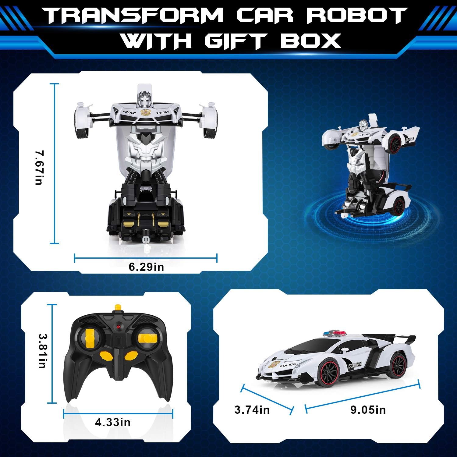 FDJ ZENFOLT Transform Car Robot, Remote Control Car One Button Transforms into Robot with Flashing Lights, RC Transforming Police Car Toy with 360 Degree Rotating Drifting