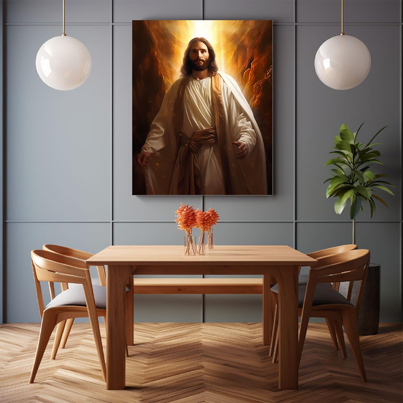 WIKEO Chrystus dekoracja ścienna Jezus Jezus otwiera swoje ręce, płótno, plakat i druki, sztuka ścienna, obrazy - do salonu, sypialni, dekoracja domu (złota 9) - 60 x 90 cm, oprawiona