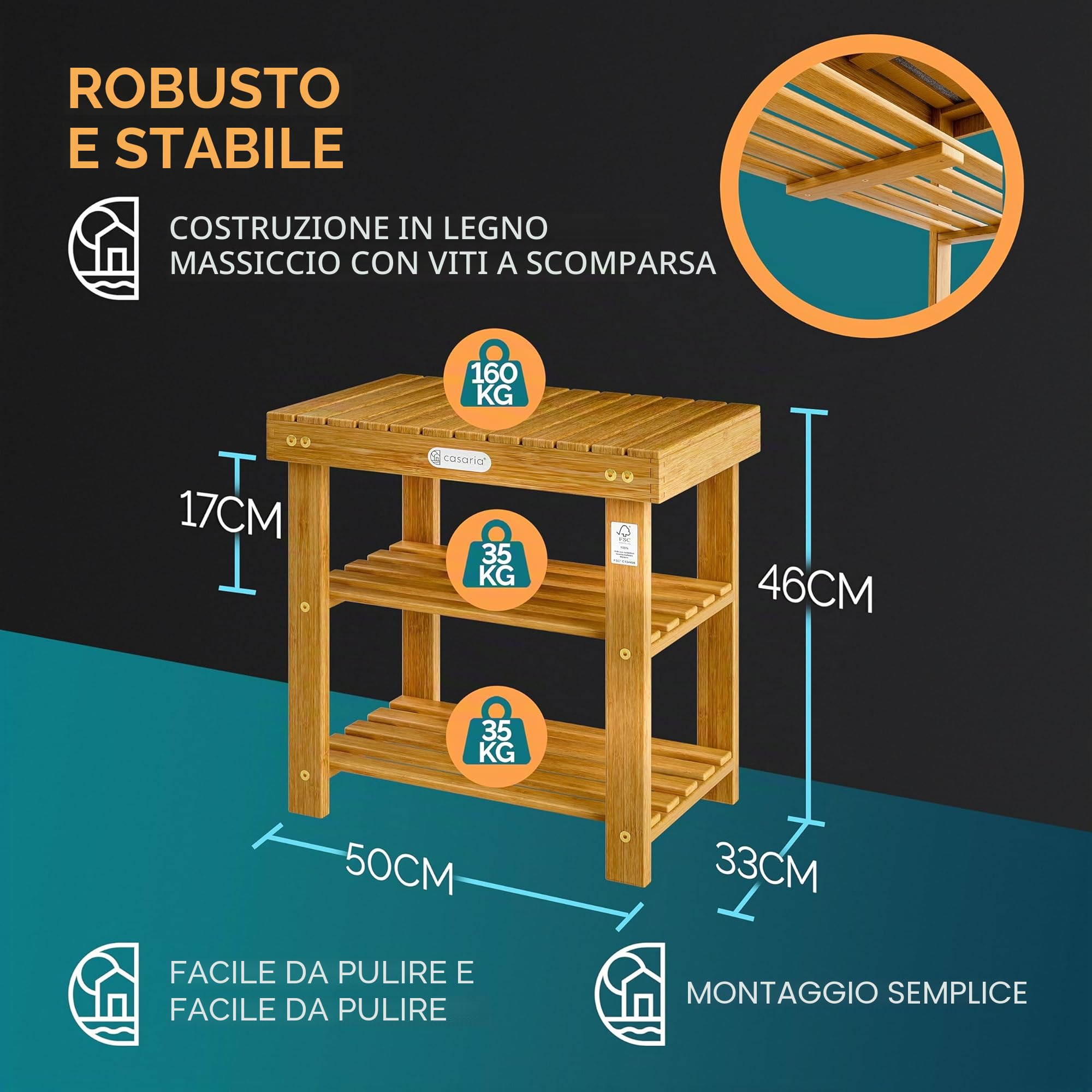 Casaria® Scarpiera con Seduta in Legno Capacità 160 kg Certificata FSC® Acacia 3 livelli Panca Bagno Corridoio Marrone
