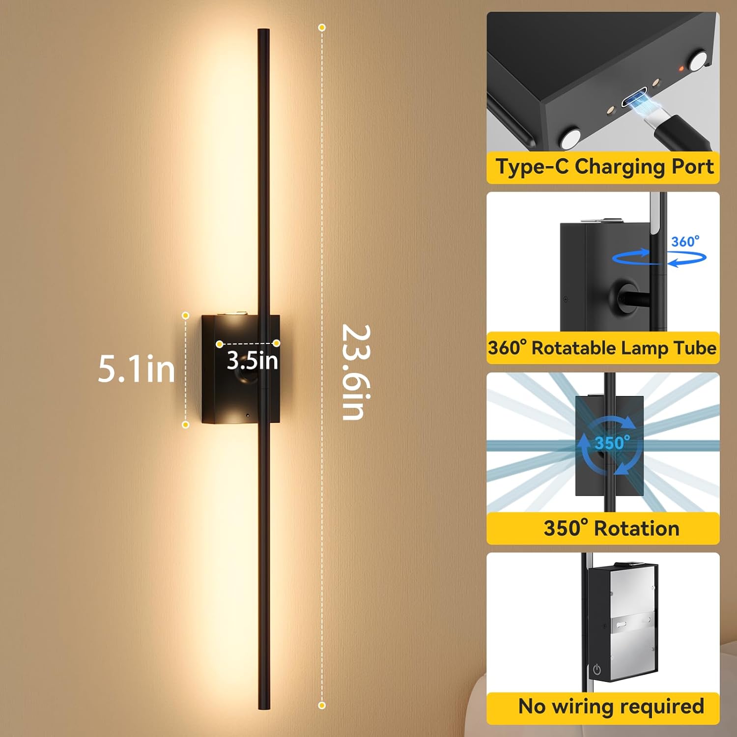 Ouyulong Battery Operated Wall Sconces Set of 2, 10000mAh Wireless Rechargeable 3000-6000K Dimmable 350° Rotate Wall Light with Remote for Living Room, Bedroom 23.6in Black
