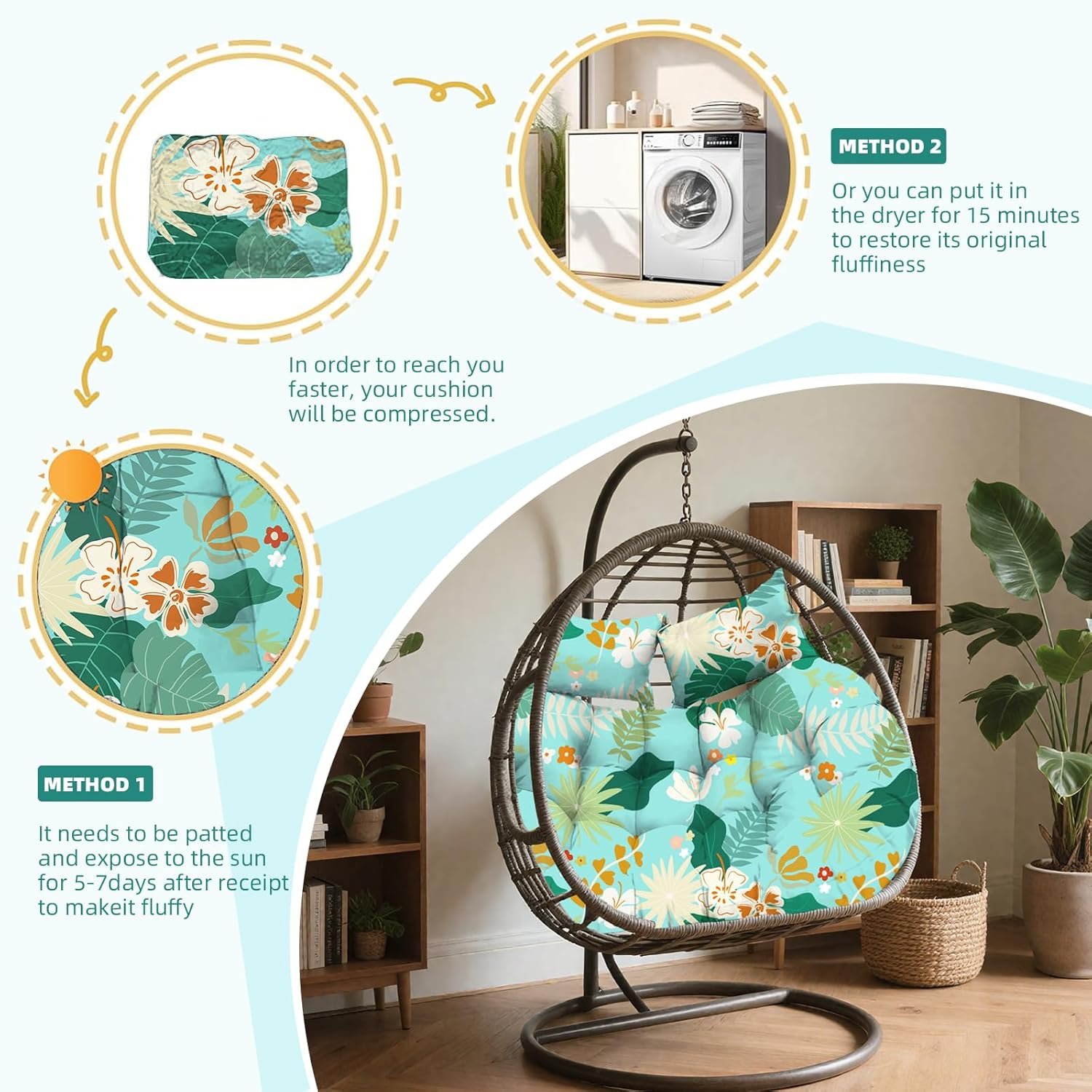 Double Egg Chair Cushion Replacement - Thickened Waterpoof Double Eggs Swing Chair Cushions, 55x35inch for Outdoor Patio Hanging Basket & Doubles Egg Swing Chairs,Cyan Floral Leaf