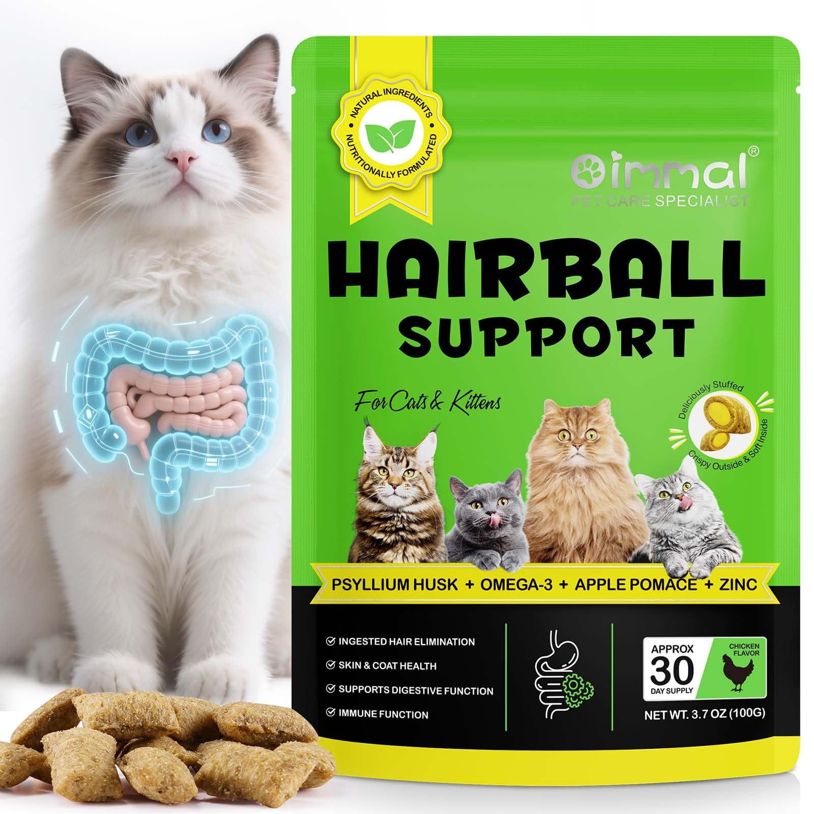 WENDAXINGXY Hairball Remedy for Cats, Crunchy Cat Treat, 30 Day Cat Hairball Treatment, Hairball Control Snacks Food for Indoor Cats with Omega-3 and Fiber Supplement, Support Digestion, Skin & Coat