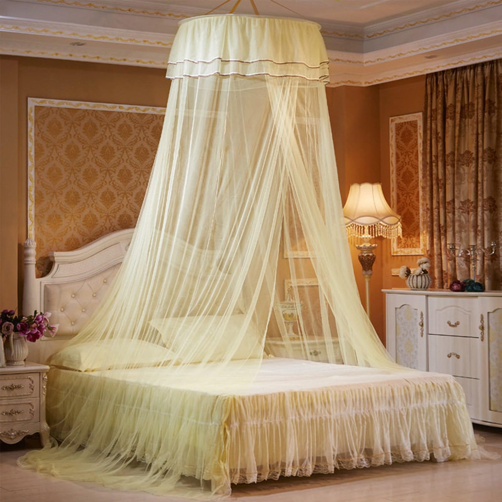 SARKEY Prinzessinnen Betthimmel,Feines Durchsichtiges Netz,Kuppelbetthimmel,Luxuriöse Spitze,Atmungsaktives Mesh Zelt Bett Vorhang,Erwachsene,Hochzeit,Dekoration(Pale Yellow)
