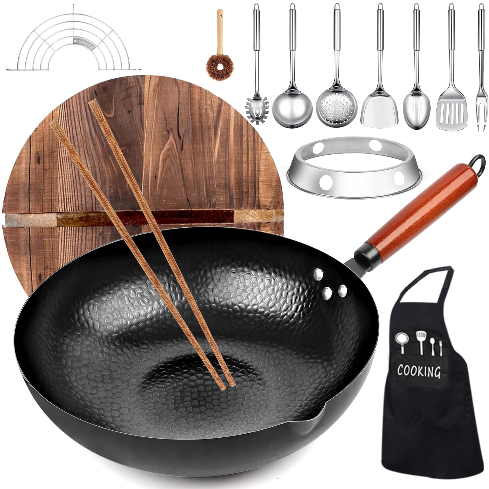 14 Pcs Carbon Steel Wok Pan, 12.6'' Woks & Stir-Fry Pans Set with Wooden Lid Cookwares, No Chemical Coated Flat Bottom Chinese Pan for Induction, Electric, Gas, Halogen All Stoves
