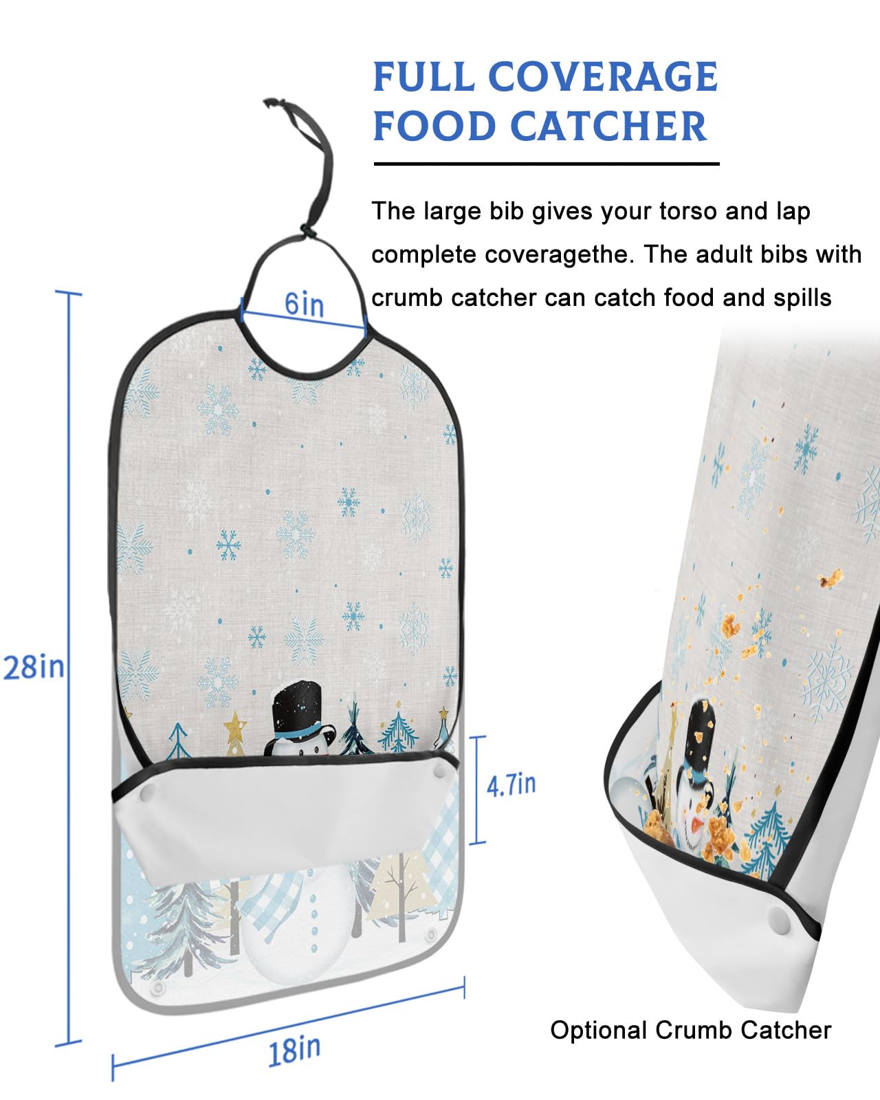 Jolunifun Christmas Adult Bib for Adults Men, Women, Washable & Adjustable Terry Cloth Bib with Crumb Catcher Reusable Waterproof Clothing Clothes Protector Apron Blue Snowflake Snowman Plaid Tree