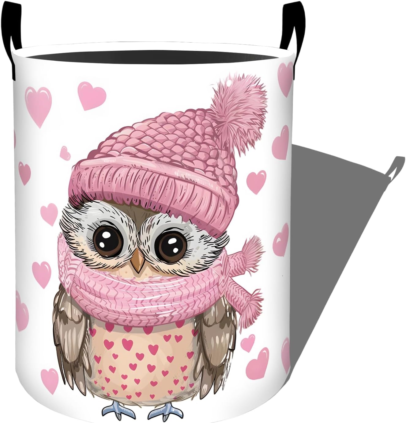 Cute Owl in Pink Hat with Heart Pattern Laundry Basket with Handles, 19.7"x15.7" Clothes Foldable Laundry Hamper Organizer for Dorm Nursery Bedroom Bathroom Decor, Toy Storage Bin for Kids