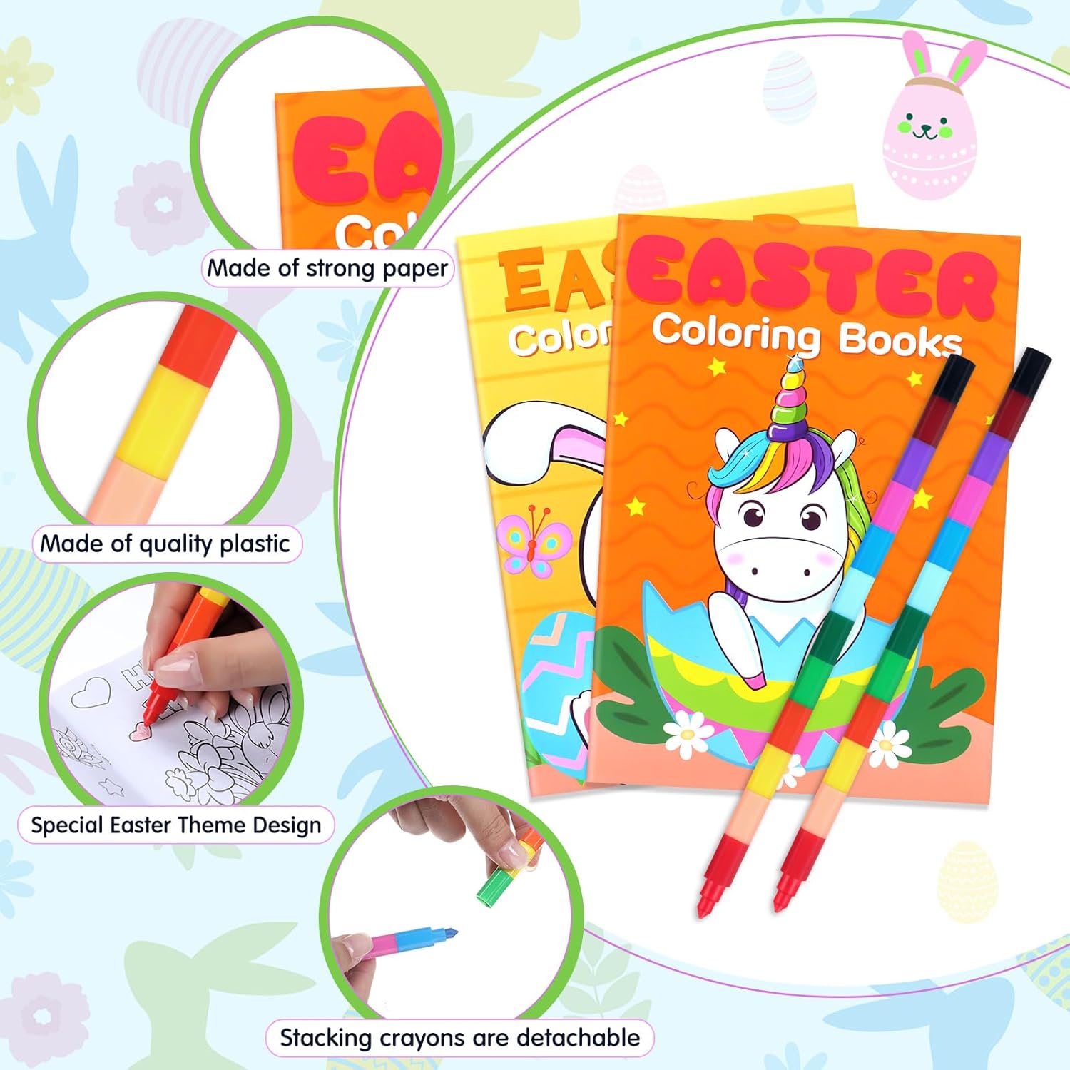 Seajan 110 Pcs Easter Party Favors Gift Set Easter Bunny Coloring Book Bulk Crayon Bracelet Stress Ball Sticker Stampers for Egg Basket Stuffer Classroom Activities Prizes Goodie Bags Fillers
