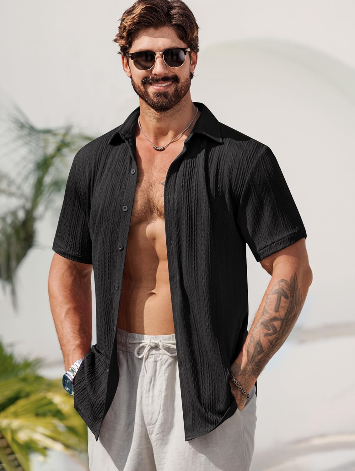 Mens Summer Textured Shirts Short Sleeve Casual Button Down Shirt Beach Vacation Tops (S-XXL) - Image 5