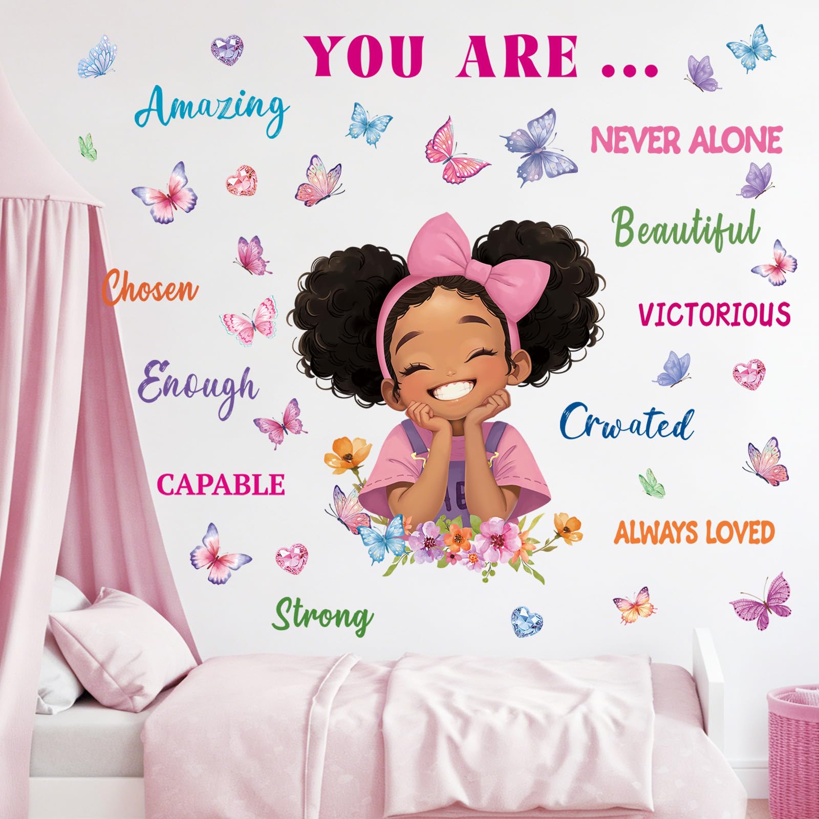 SHUCHING Large Black Girl Wall Stickers, Inspiration Quotes Wall Decals, Removable Vinyl Decorations for Kids Girls Bedroom Playroom