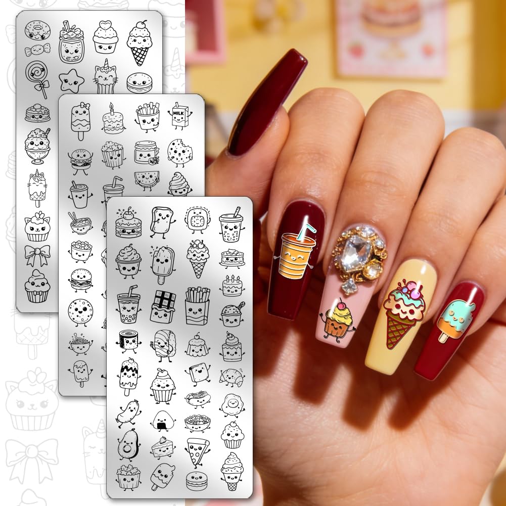 PH PandaHall 3 placas de estampado de uñas de dibujos animados, lindas plantillas de arte de uñas de postre para bebidas, cupcakes, helados, plantillas de placa de acero inoxidable con herramienta