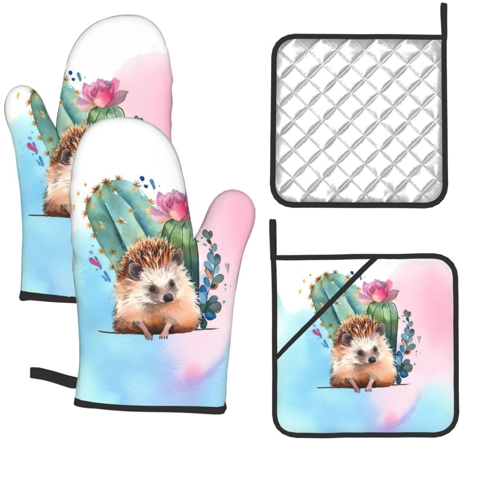 4 Pcs Oven Mitts and Pot Holders Set Kitchen Oven Gloves Heat Resistant Potholders Non-Slip Hot Pads Watercolor Hedgehog Oven Mits for Cooking Baking Grilling