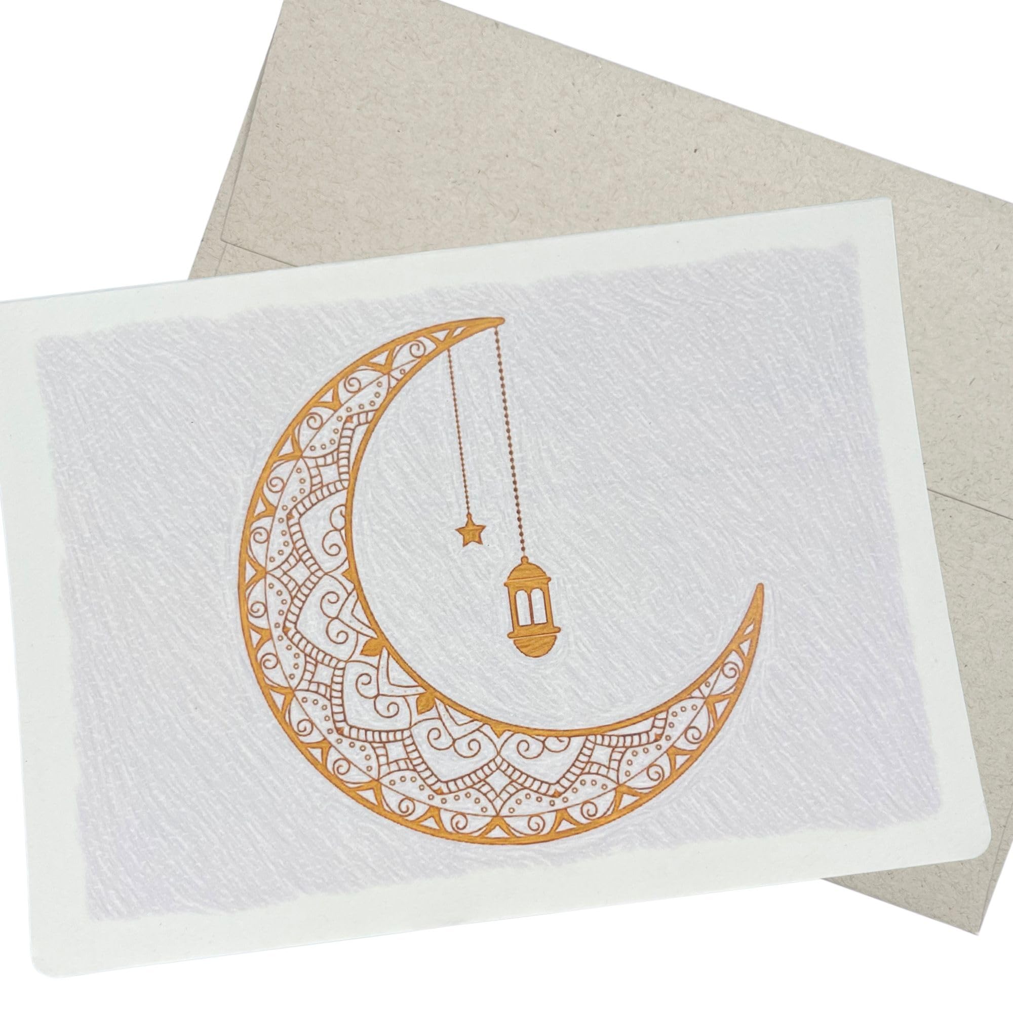 Crescent Moon Islamic Greeting Card with Envelope - Ramadan Card 7x5 Inch, 1 Card Blank Inside, Classic Artistic Islamic Design, Crescent and Star