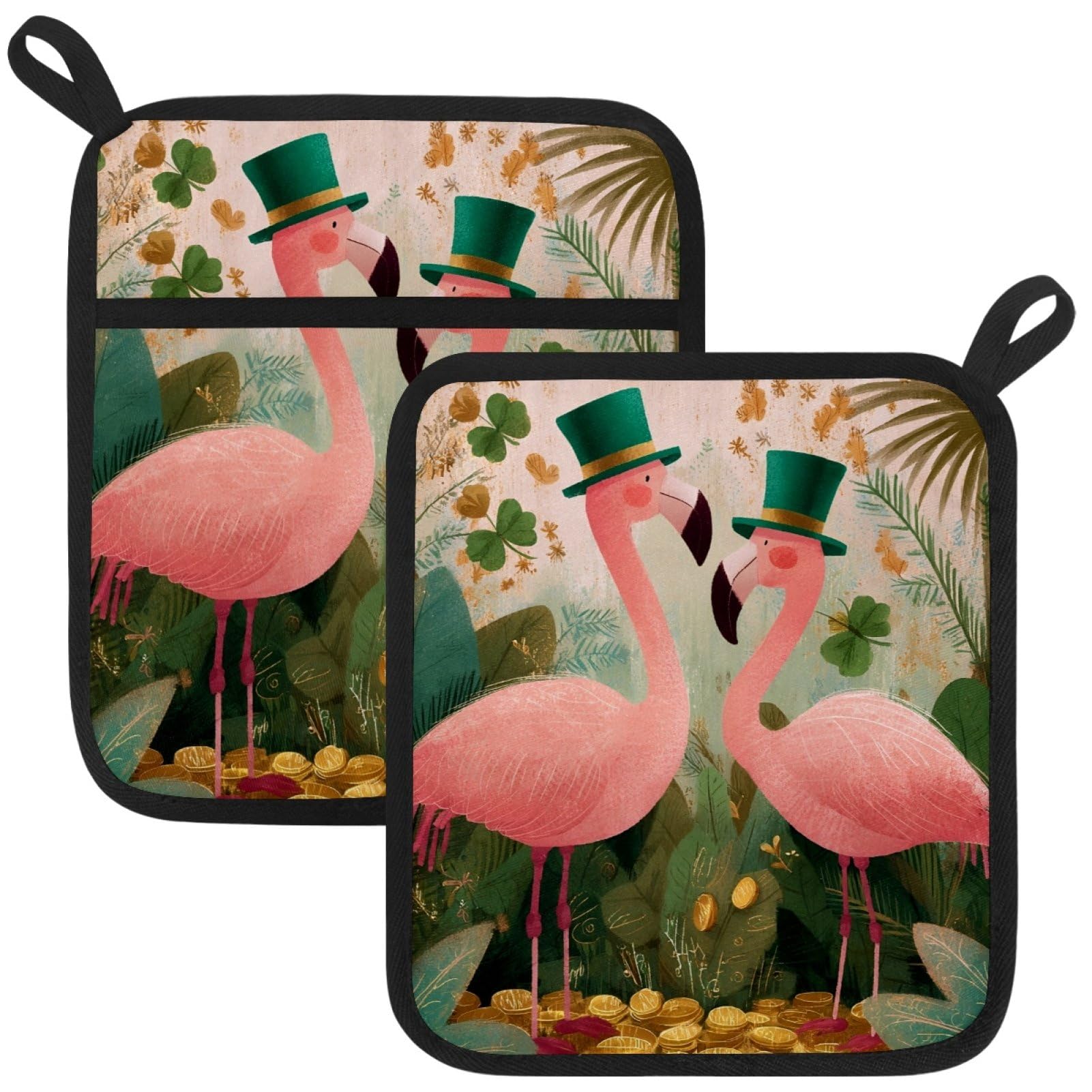 VAPOKF St. Patrick's Day Flamingo Heat Resistant Pot Holders, Thick Pot Holders Pad with Hanging Loop for Kitchen, Oven Cloth Pads for Kitchen Baking Microwave Oven