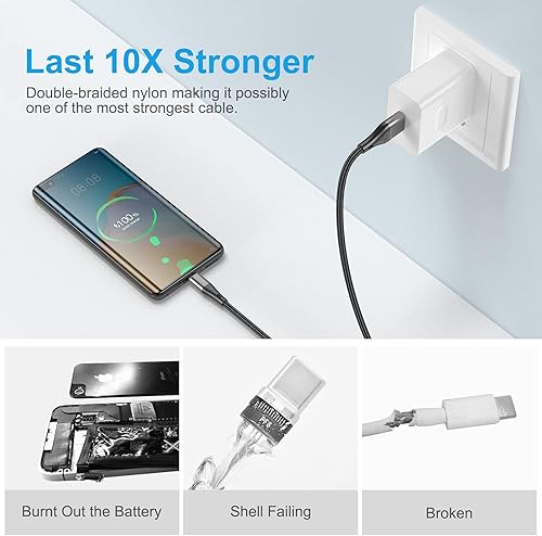 Miniatura 4 de Cable USB tipo C extralargo de 16 pies de carga rápida, paquete de 3 cables de carga rápida de nailon trenzado 3A de alta calidad, cable tipo C a A
