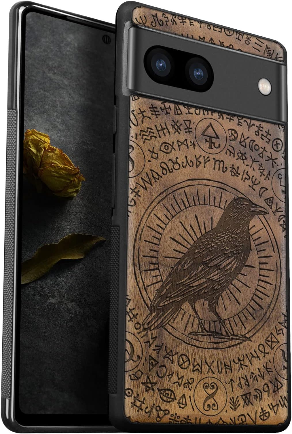 Carveit Cover Compatibile per Pixel 8 Custodia Naturale Legno Ultra Sottile e Morbido TPU Protettiva per Google Pixel 8 Case (Legno nero-Gru e nuvole di buon auspicio