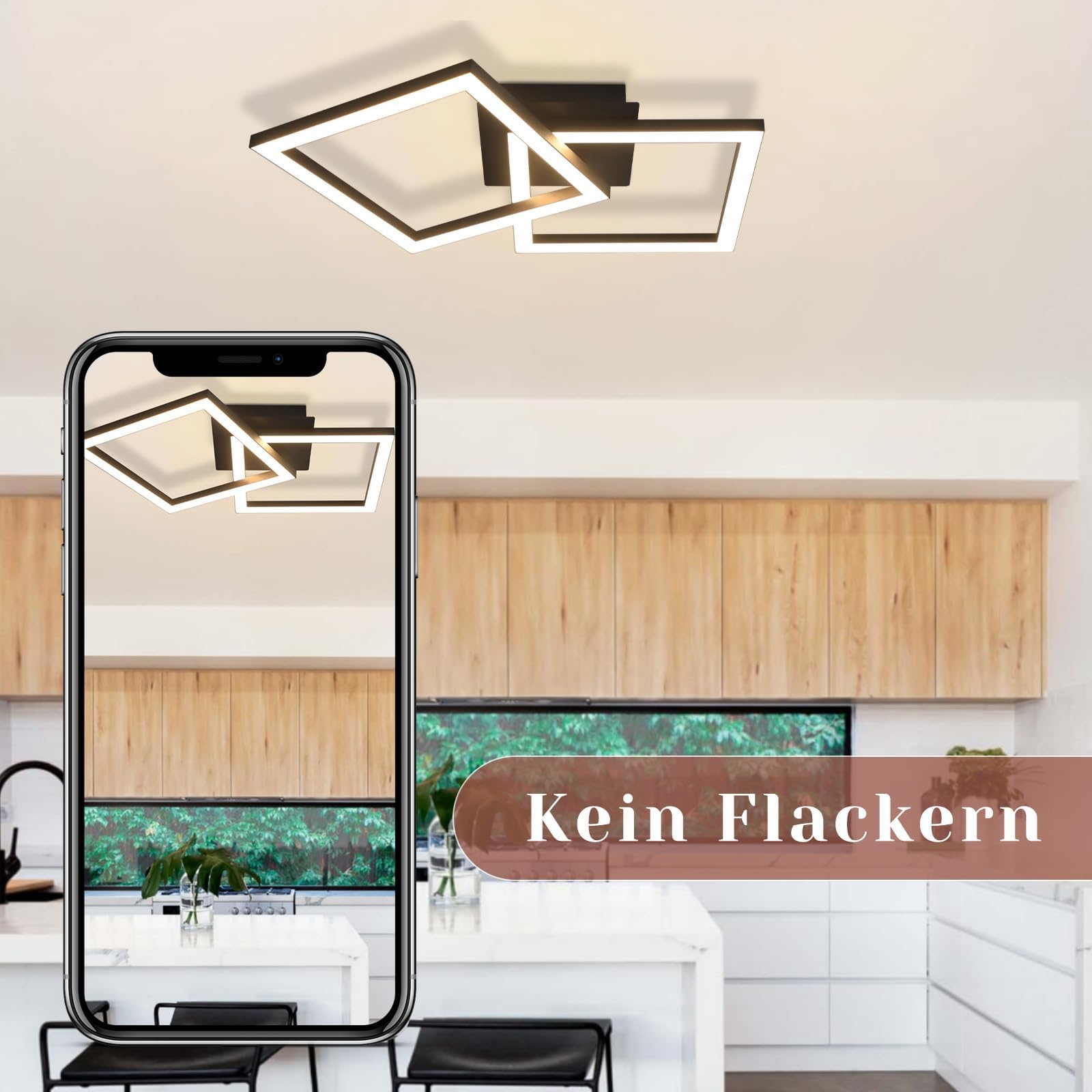 Homefire lampara de techo LED para cocina 24W negra 2ER | lamparas techo salon diseño moderno plafon led techo cocina 3000K lampara techo dormitorio angular para pasillo habitacion