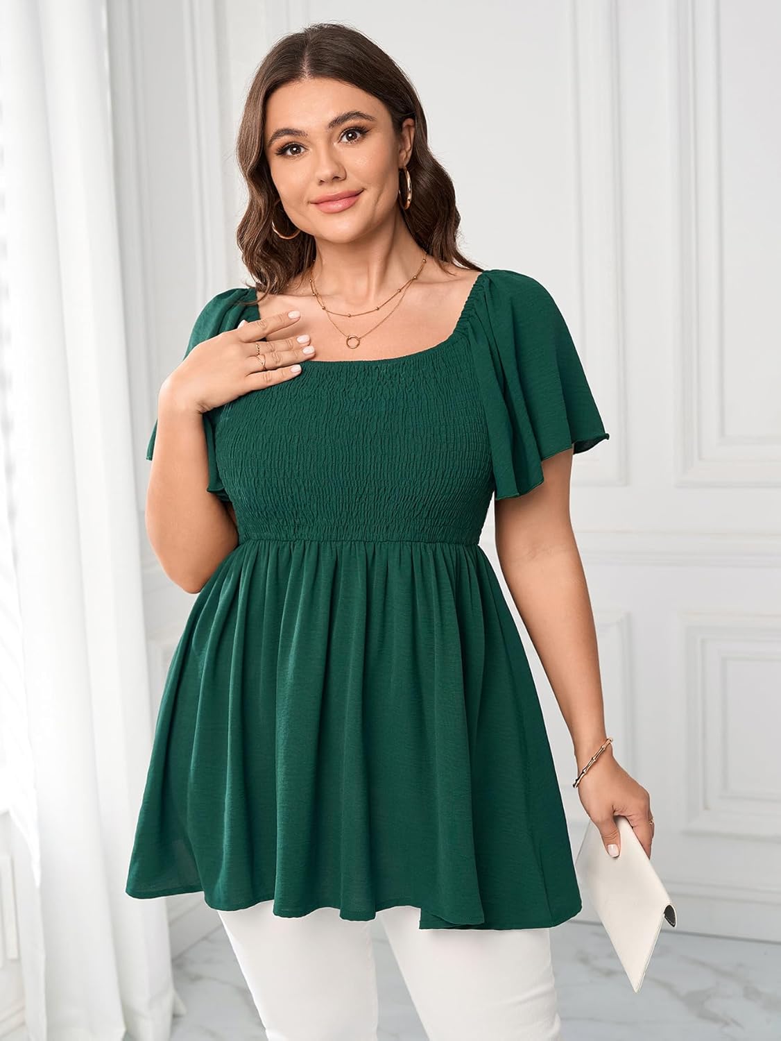 Women's Plus Size Dressy Tops Square Neck Short Sleeve Smocked Peplum Blouse Tops Shirts - Image 7