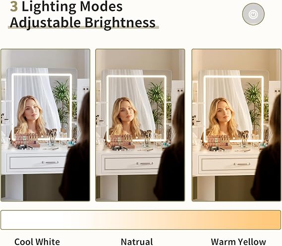 BonVache Corner Dressing Table,Vanity Table with LED Mirror&Charging,White