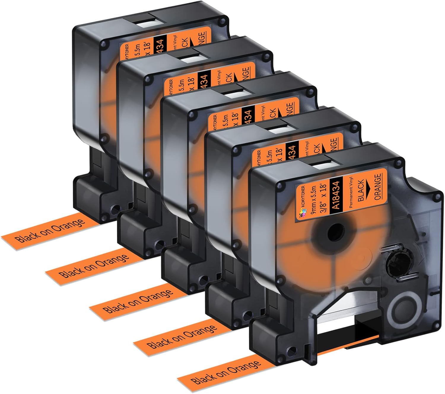 5 Pack Compatible for Dymo Rhino 18434 3/8" 9mm Black on Orange Vinyl Permanent Industrial Label Tape for Rhino 1000 3000 4200 5000 5200 6000 and 3M Label Maker