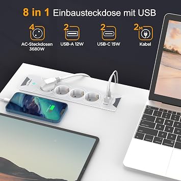 8 in 1 Table Socket with 4 USB Power Strip 2 m Cable