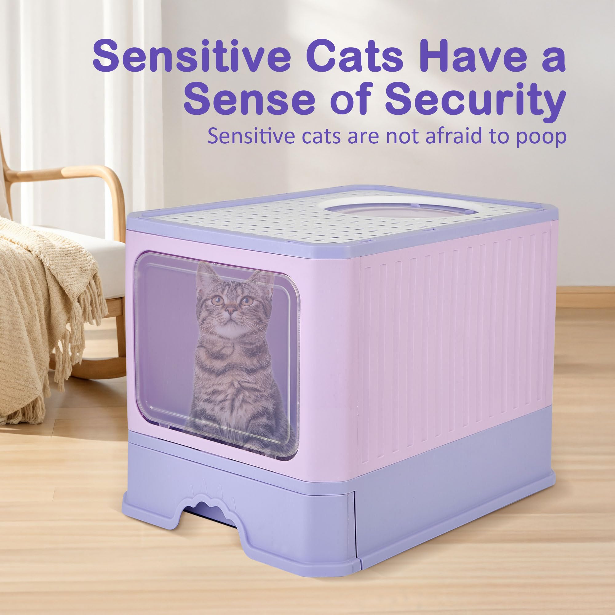 Cat Litter Box with Scoop, Large Foldable Litter Box with Lid, Front Entry Top Exit Kitty Box, Odor Control, Easy to Clean (Purple)