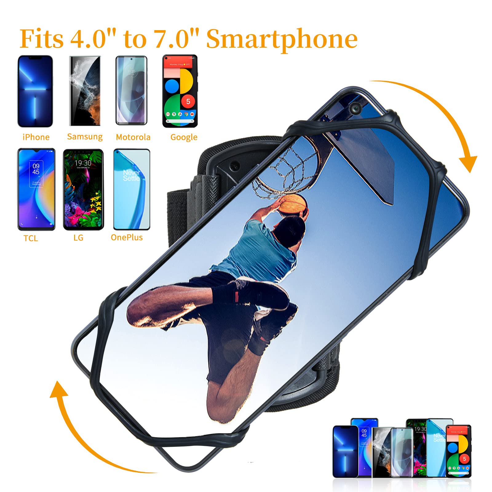 Brassard De Jogging Rotatif 360° Pour Téléphone Portable - Noir, Silicone Et PC