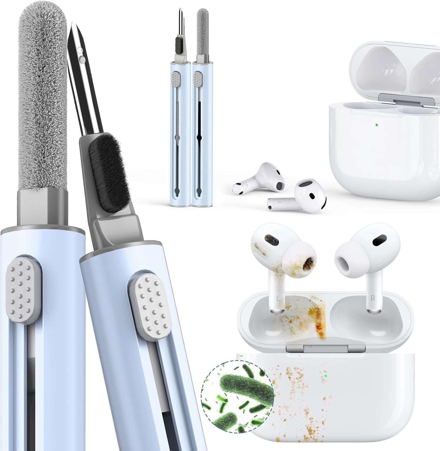 Inesore Multi Cleaning Kit for AirPods & All Bluetooth Earbuds (Blue) | 3-in-1 design with brush,sponge & metal tip; Airpod cleaning; Phone Cleaner; Earbud Cleaning; Electronic Device Cleaning Tool