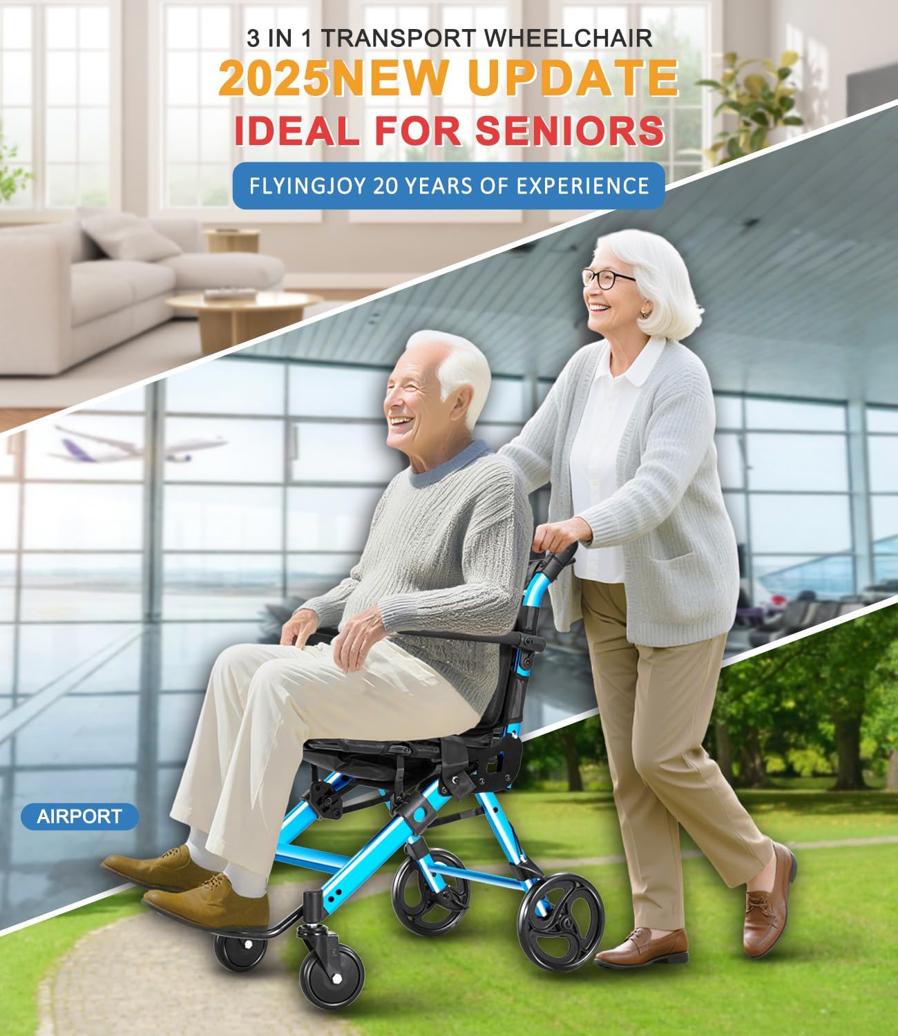 Wheelchairs for Adults,Transport Wheelchair Lightweight Foldable Chairs with Handbrakes,Portable Wheelchair Travel Wheel Chairs for Seniors,Walkers for Seniors Support 300lbs(Blue) Light Blue Wheelchair