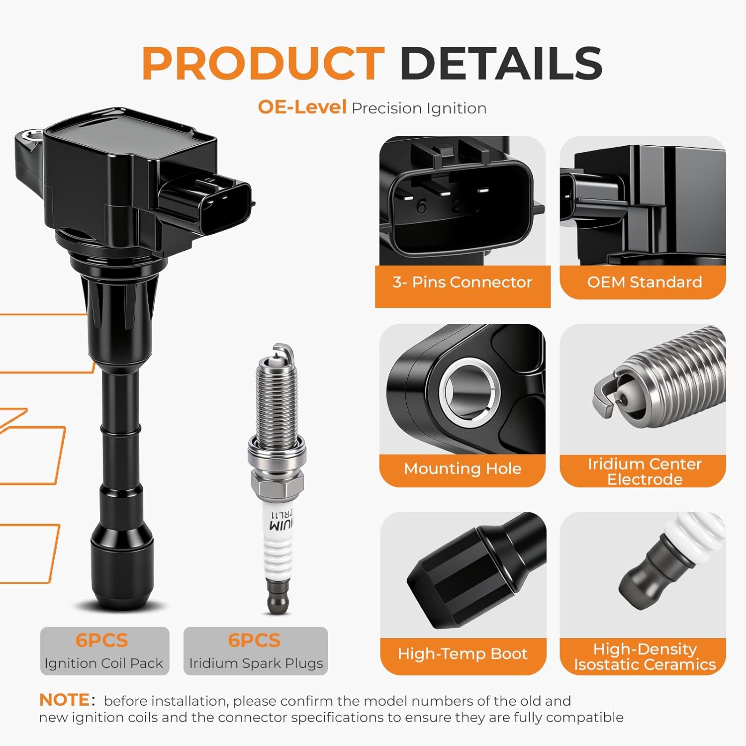 Autoexact Ignition Coil Pack and Iridium Spark Plugs Kit Fit for Nissan 2009-2024 Murano Pathfinder Maxima Altima Quest 350Z INFINITI QX60 JX35 G35 EX35 FX35 3.5L V6, Replaces UF807 97390 6 Sets