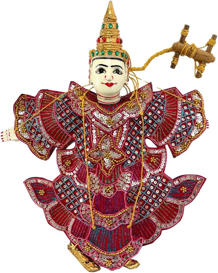 Vintage Thai Marionette Puppet, Handcrafted Wooden Head, Sequin and Bead Dress, Unique Asian Decor