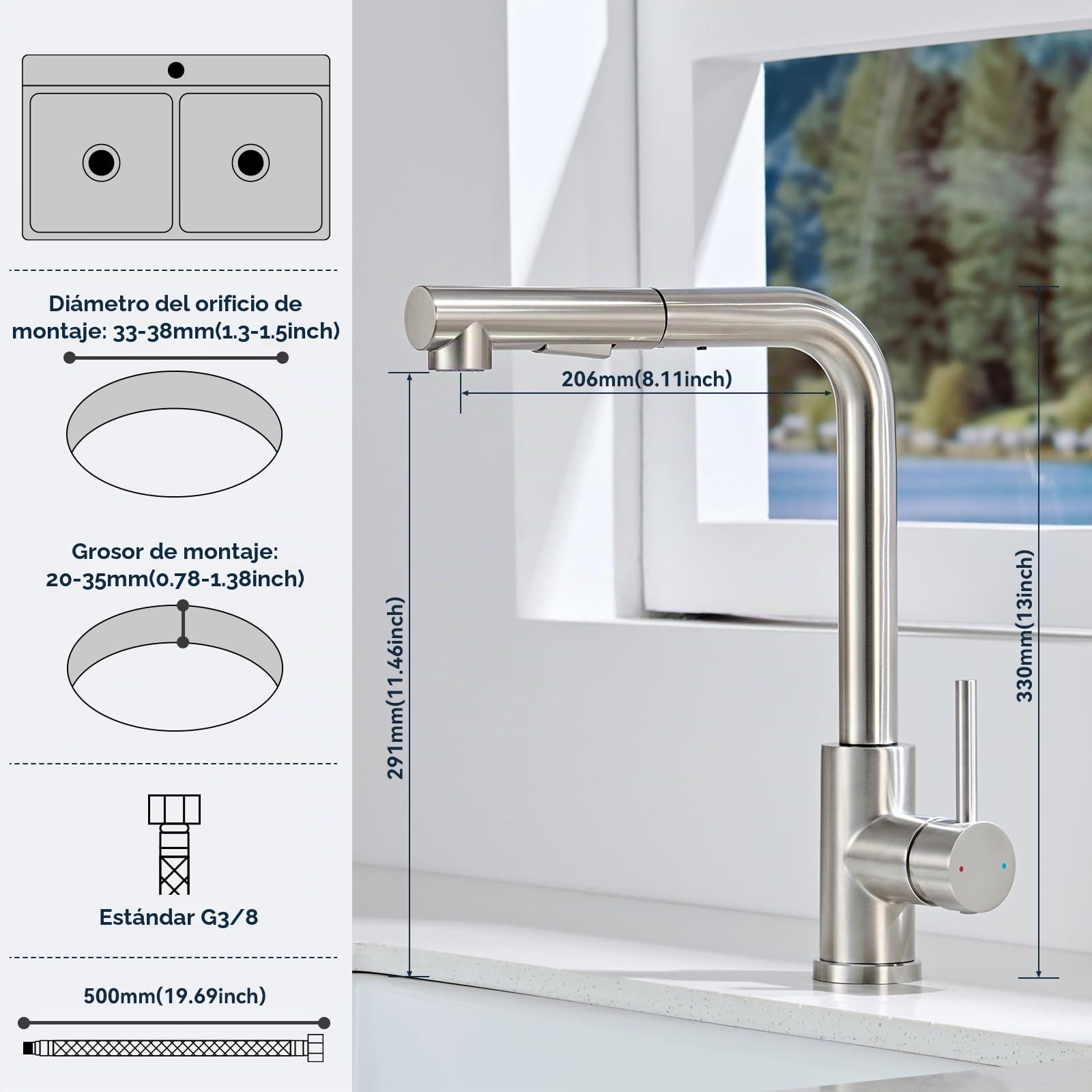 Grifo Cocina Extraible, Grifos Cocina Fregadero Mezclador Monomando con Ducha 2 Modos de Ajuste, Grifo Extensible Acero Inoxidable Cepillado de Giratorio a 360°, Agua Fría y Caliente