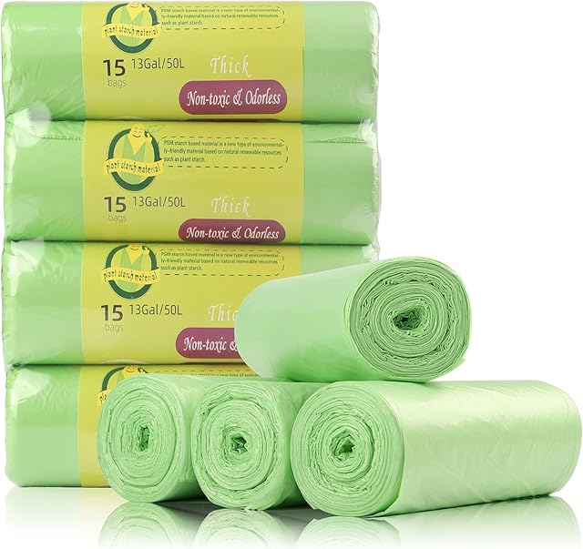 Bin Bags Biodegradable, Set 4 Rolls Counts 60 Bags, 50 L Bin Liners Trash Bags for Kitchen, Household, Garden,Office. 100% Recycled,Tough, Degradable, (13 Gallon),Green