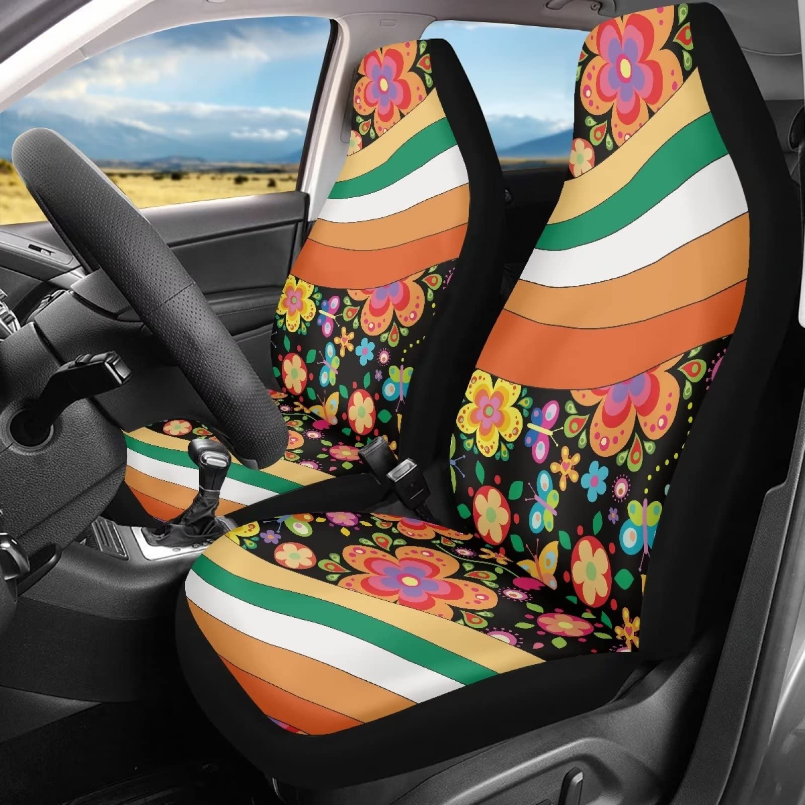 AFPANQZ Colorful Flower Car Seat Covers Automotive Front Seat Cushion Driver Seat Cover Universal Fit Saddle Blanket Auto Interior Parts Protectors Covers