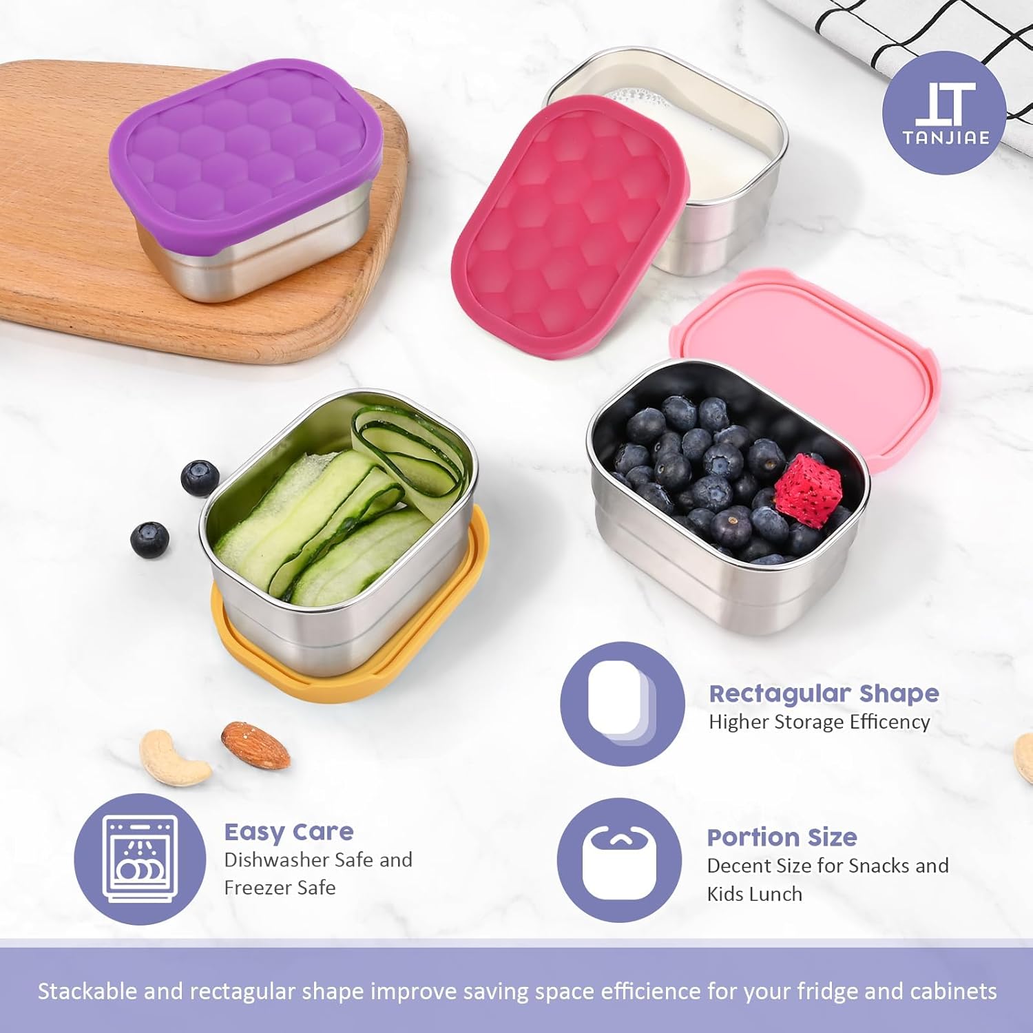 4Pack Small (1 CUP) 8oz Stainless Steel Snack Containers for Kids | Reusable Easy Open Toddler Snack Containers with Silicone Lids | Stackable Toddler Lunch Box for Daycare, School and Travel - Image 5