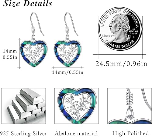 Miniatura 2 de Aretes de plata de ley 925 con forma de árbol de la vida, con forma de corazón de abulón, árbol genealógico, joyería de corazón para mujer, Plata,