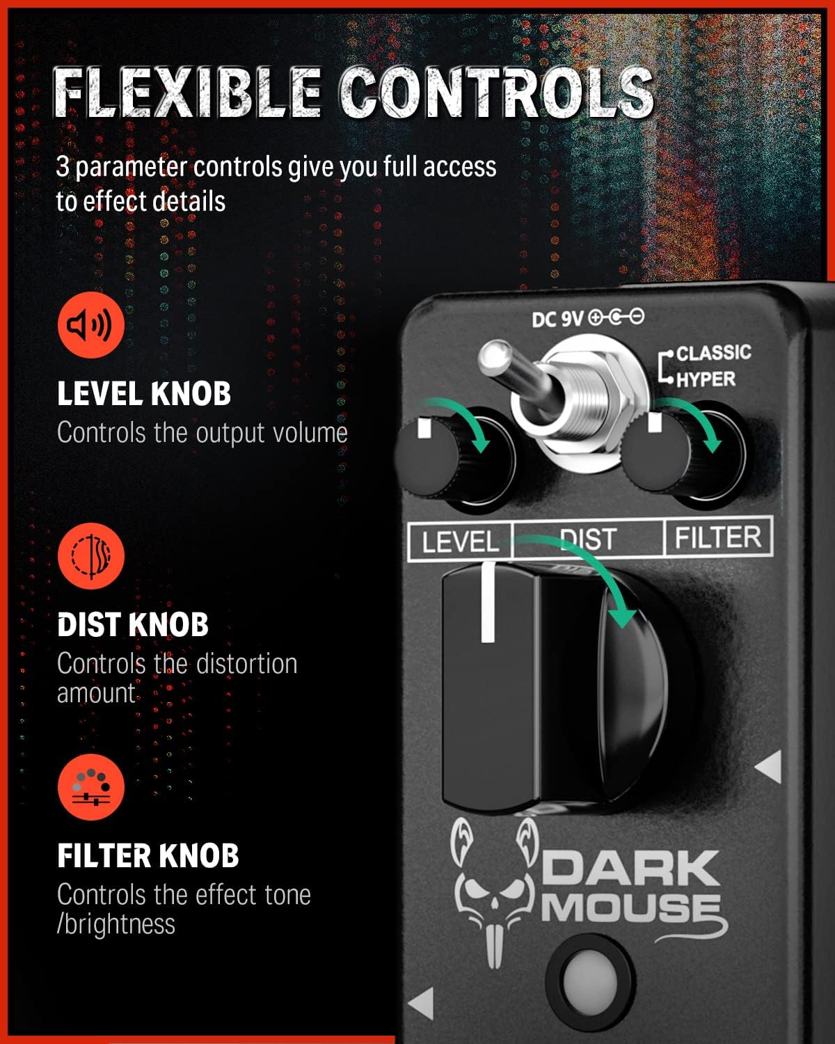 Close-up of Donner Dark Mouse Distortion Pedal showing Level, Dist, and Filter knobs