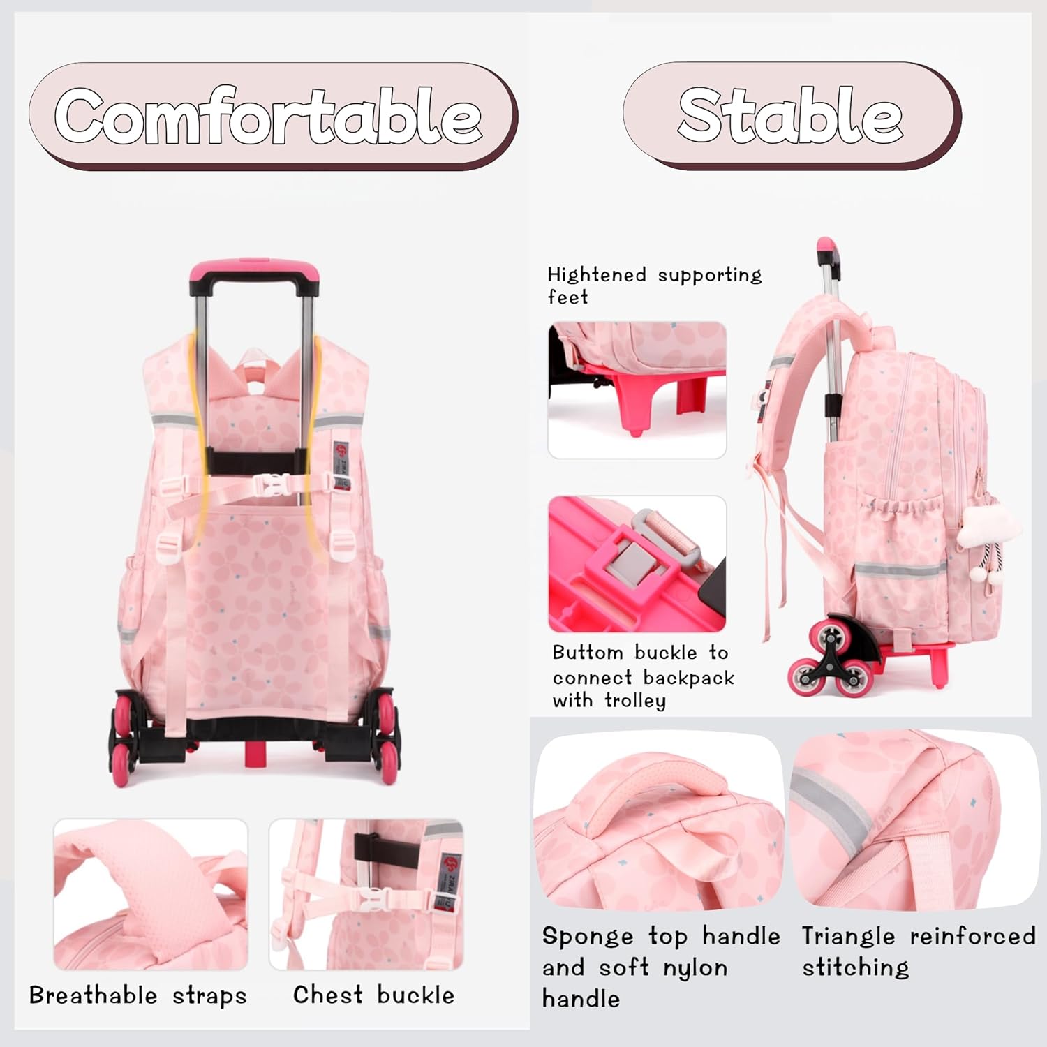 Bansusu 3Pcs Kids Rolling Backpack for Girls with Lunch Bag, Lucky Leaf School Bag Girls Roller Backpack with 6 Wheels, Pink