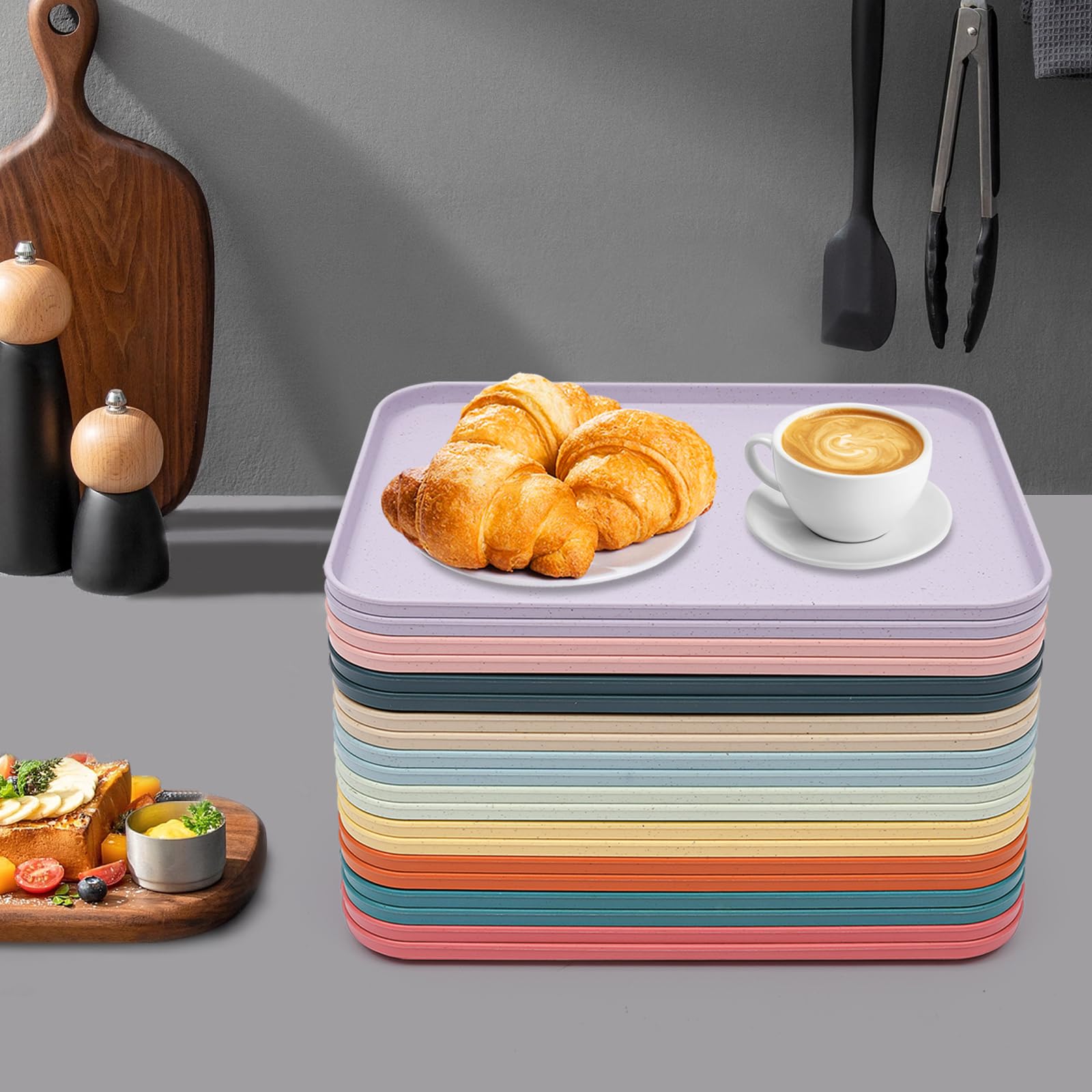 31 x 22 cm, 10 unidades, bandeja de plástico, bandeja para servir comida rápida, bandeja de desayuno, bandeja de actividad, 20 paletas en 10 colores, base antideslizante, reutilizables, para cantinas